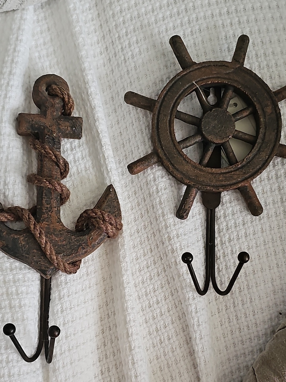 Rustic Anchor and Ship Wheel Wall Hooks - Brown Nautical Decor